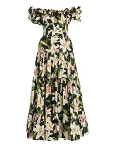 Shop Dolce & Gabbana Off-the-shoulder Gathered Floral Dress In Black Base Lily Print