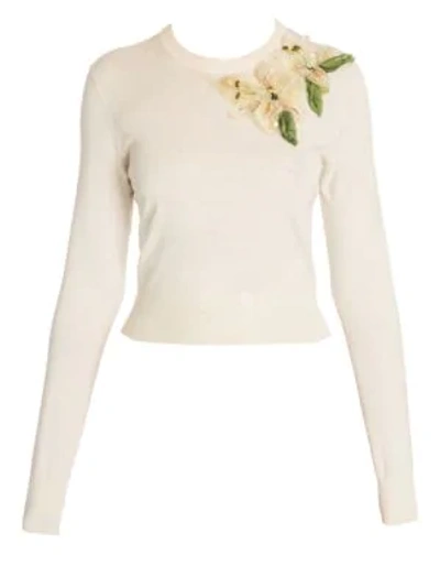 Shop Dolce & Gabbana Long Sleeve Embroidered Floral Knit Pullover In White