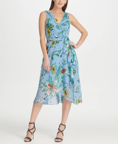 Shop Dkny Floral Chiffon V-neck Midi Wrap Dress With Belt In Blue Multi
