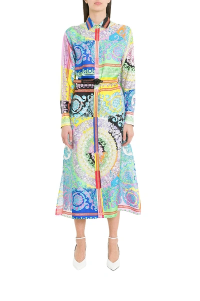 Shop Versace Belted Silk Pinafore Dress In Multicolor