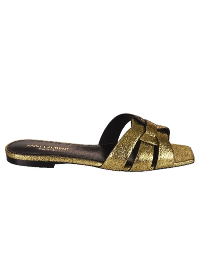 Shop Saint Laurent Tribute Flat Sandals In Gold