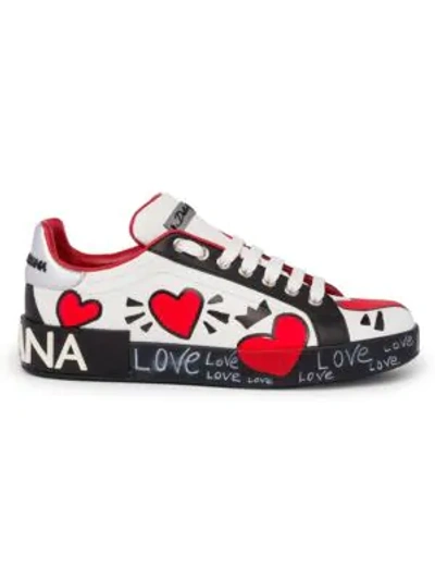 Shop Dolce & Gabbana Painted Heart Leather Sneakers In White Black