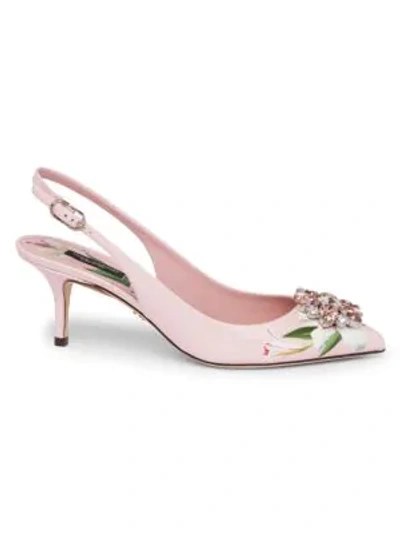 Shop Dolce & Gabbana Crystal Floral Leather Slingbacks In Pink Lilly