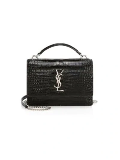 Shop Saint Laurent Sunset Crocodile-embossed Leather Crossbody Bag In Black