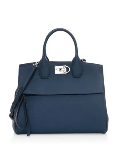 Shop Ferragamo Medium Studio Leather Top Handle Bag In Blue