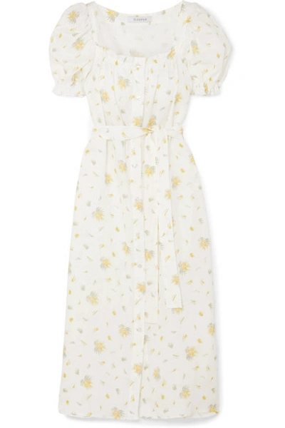 Shop Sleeper Brigitte Belted Floral-print Linen Midi Dress In White