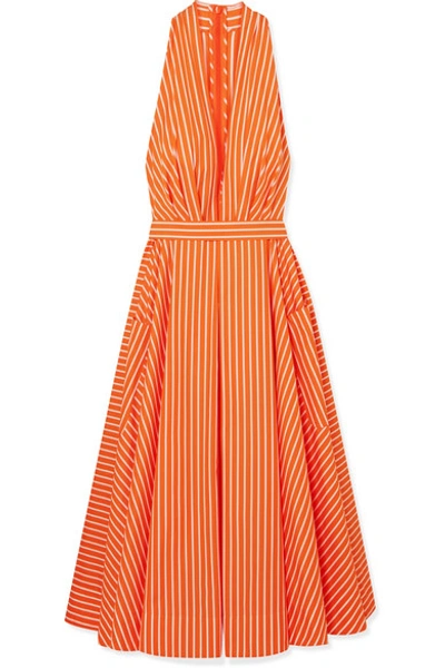 Shop Sara Battaglia Striped Cotton-poplin Halterneck Midi Dress In Bright Orange