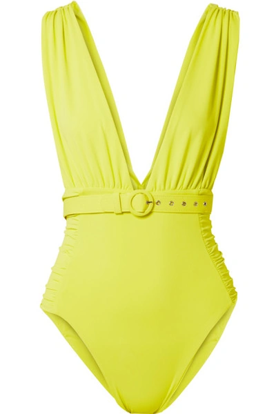 Shop Nicholas Belted Ruched Swimsuit In Chartreuse