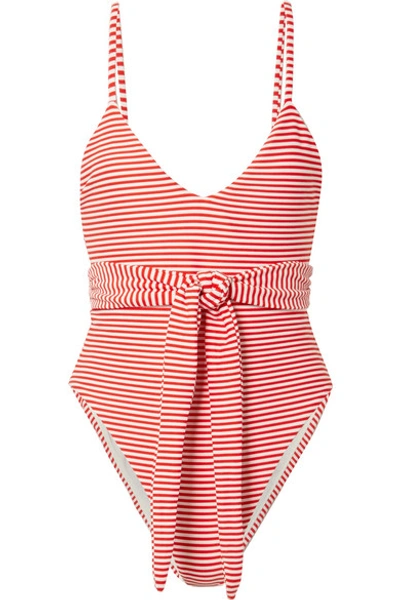 Shop Mara Hoffman Gamela Belted Striped Textured Swimsuit In Red