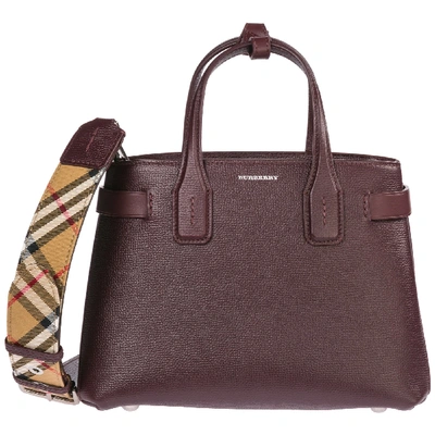 Shop Burberry Small Check Strap Tote Bag In Burgundy