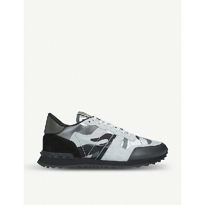 Shop Valentino Camouflage Suede And Leather Trainers In Grey