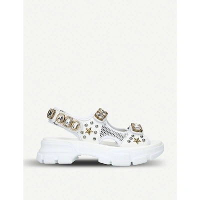 Shop Gucci Aguru Crystal-embellished Leather And Mesh Sandals In White