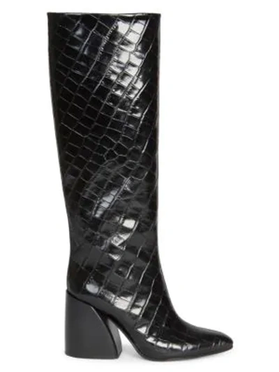 Shop Chloé Women's Wave Croc-embossed Leather Tall Boots In Black