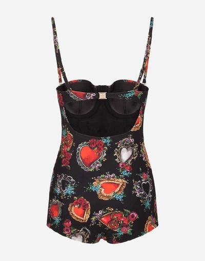 Shop Dolce & Gabbana One-piece Balconette Swimsuit With Sacred Heart And Rose Print In Black