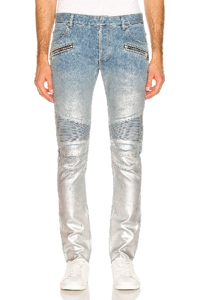 Shop Balmain Slim Ribbed Zip Pocket Jean In Bleu