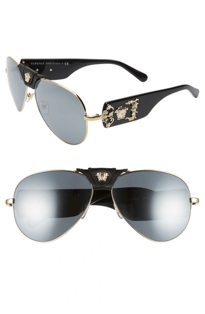 Shop Versace Medusa 62mm Aviator Sunglasses - Pale Gold/ Black Mirror