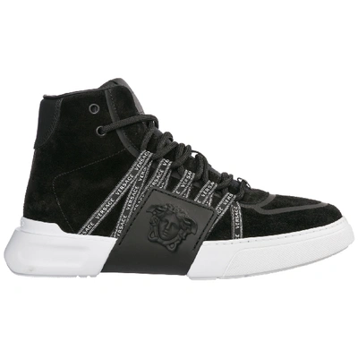Shop Versace Men's Shoes High Top Suede Trainers Sneakers In Black