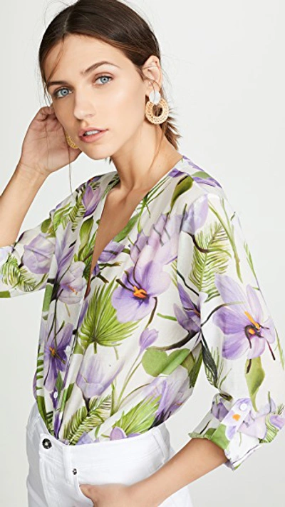 Shop Alice And Olivia Colby Draped Button Down Top In Floral Palm Cream