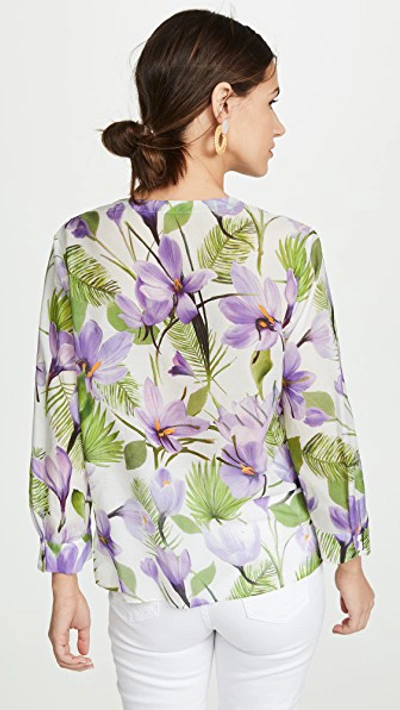 Shop Alice And Olivia Colby Draped Button Down Top In Floral Palm Cream
