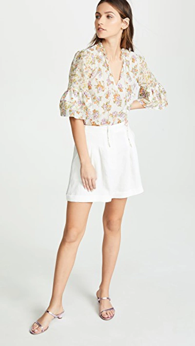 Shop Alice And Olivia Julius Tier Sleeve Tunic Top In Hibiscus Flower Cream/multi