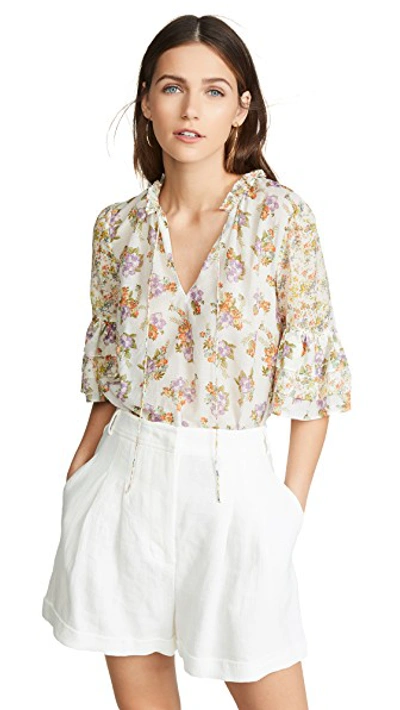 Shop Alice And Olivia Julius Tier Sleeve Tunic Top In Hibiscus Flower Cream/multi