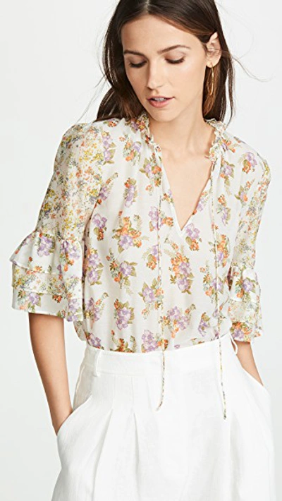 Shop Alice And Olivia Julius Tier Sleeve Tunic Top In Hibiscus Flower Cream/multi