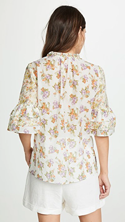 Shop Alice And Olivia Julius Tier Sleeve Tunic Top In Hibiscus Flower Cream/multi