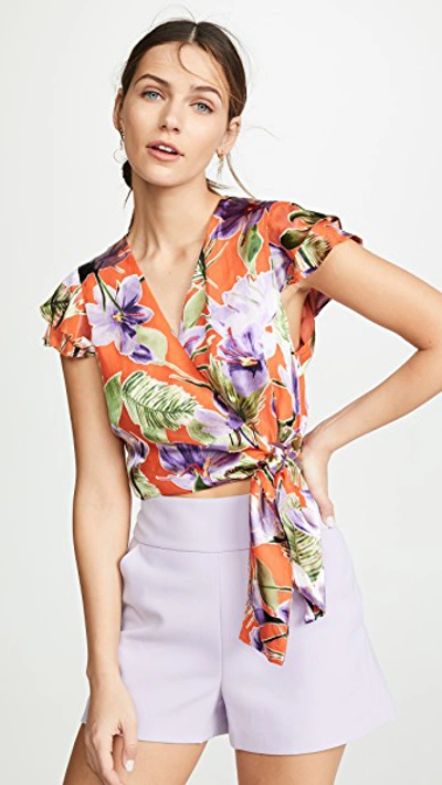 Shop Alice And Olivia Zabel Cropped Wrap Top In Floral Palm Coral