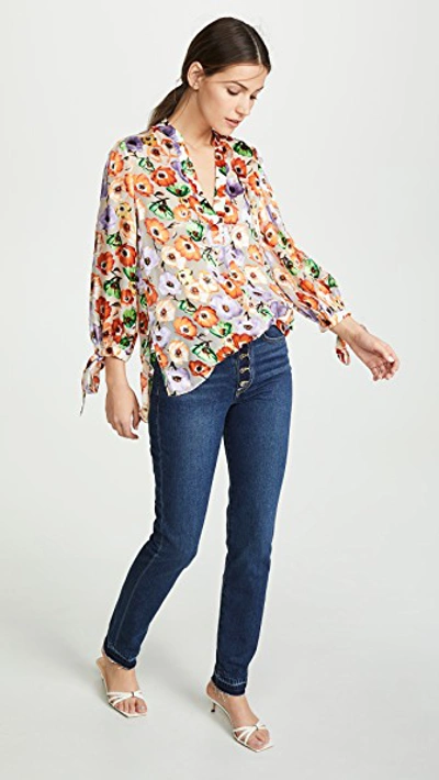 Shop Alice And Olivia Sheila Blouson Sleeve Henley Top In Orchid Multi