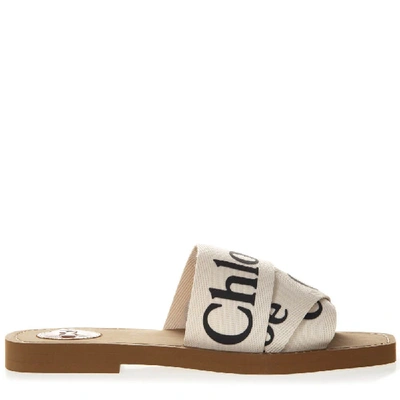 Shop Chloé Beige Logoed Canvas Sandals