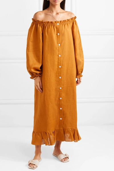 Shop Sleeper Ruffled Off-the-shoulder Linen Midi Dress In Orange