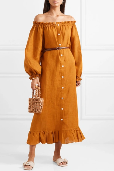 Shop Sleeper Ruffled Off-the-shoulder Linen Midi Dress In Orange