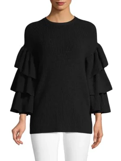 Shop Valentino Tiered Bell-sleeve Wool Sweater In Black