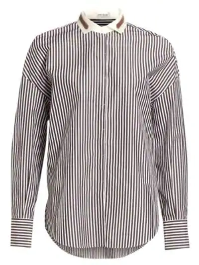 Shop Brunello Cucinelli Stripe Contrast Collar Poplin Shirt In Onyx