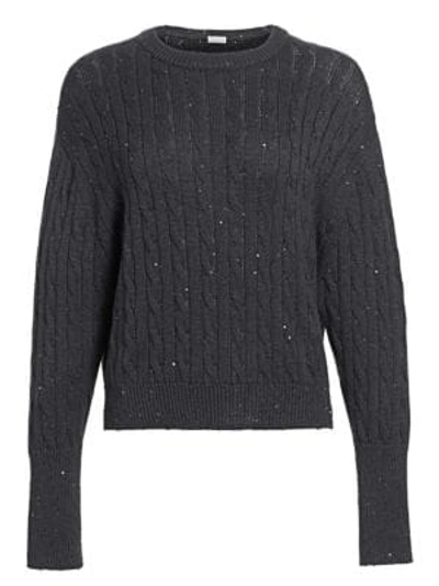 Shop Brunello Cucinelli Pailette Cashmere & Silk Cable Knit Sweater In Midnight