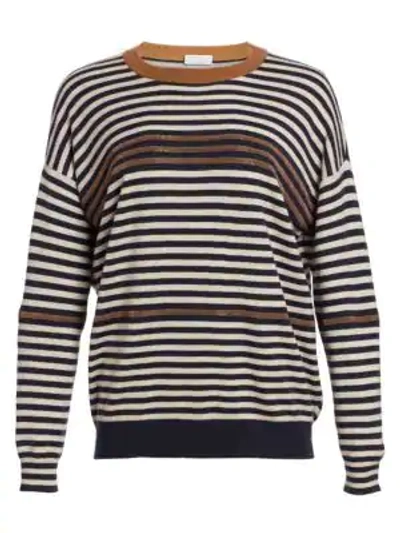 Shop Brunello Cucinelli Stripe Woven Virgin Wool, Cashmere & Silk Sweater In Midnight Aura