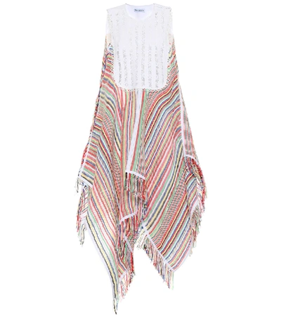 Shop Jw Anderson Striped Cotton-jacquard Midi Dress In White