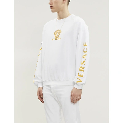 Shop Versace Logo-embroidered Cotton-jersey Sweatshirt In White Gold