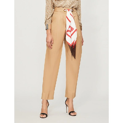 Shop Burberry Scarf-belt Tapered Cotton Trousers In Driftwood
