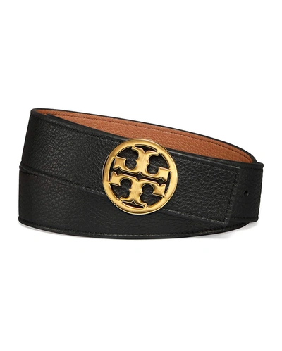 Shop Tory Burch Reversible 1.5" Logo-buckle Belt In Black/tan/gold