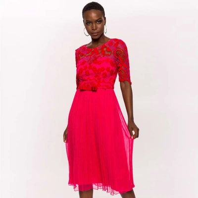 Shop Nissa Short Lace Sleeve Dress With Pleated Skirt
