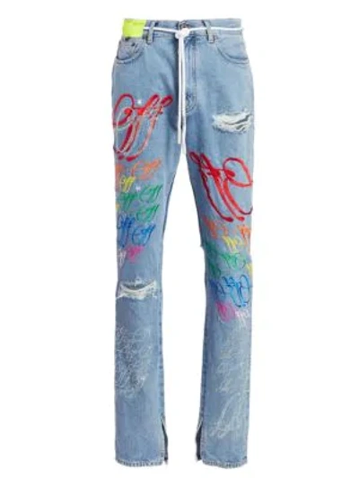 Shop Off-white Multicolor Embroidered Denim Cargo Pants In Bleach Multi