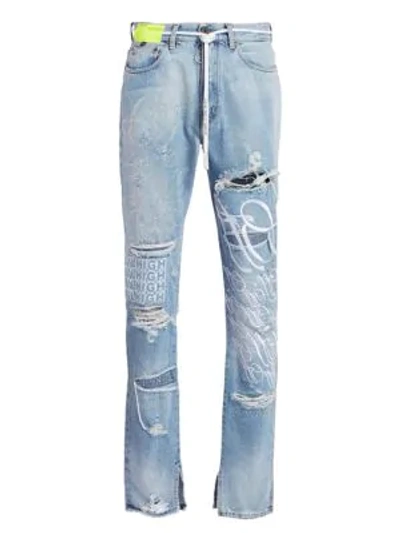 Shop Off-white Slim-fit Strass Embroidered Logo Distressed Jeans In Bleach White