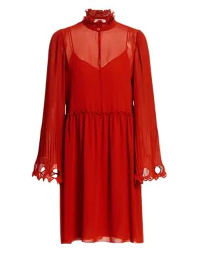 Shop See By Chloé Ruffled Collar Bell Sleeve Georgette Shirtdress In Dark Red