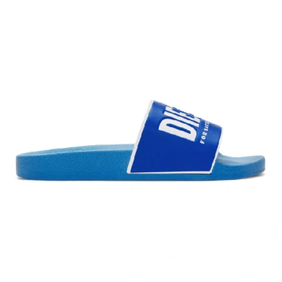 Shop Diesel Blue Logo Slides In H7326 Azure