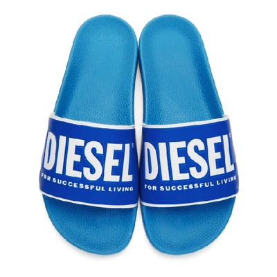 Shop Diesel Blue Logo Slides In H7326 Azure