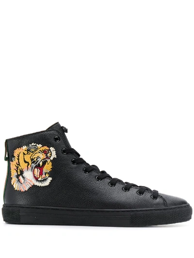 Shop Gucci Tiger Embroidered Hi-top Sneakers - Black