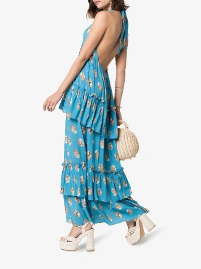 Shop Adriana Degreas Conchiglie Tiered Halterneck Maxi Dress In Blue