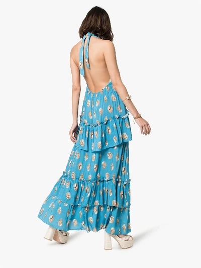 Shop Adriana Degreas Conchiglie Tiered Halterneck Maxi Dress In Blue