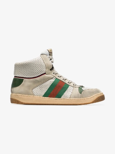 Shop Gucci White And Green Virtus Hi-top Sneakers In Neutrals